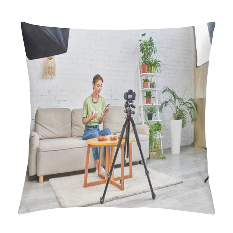 Personality  Video Blogger With Smartphone Near Vegetarian Food And Digital Camera With Softbox Lamp At Home Pillow Covers