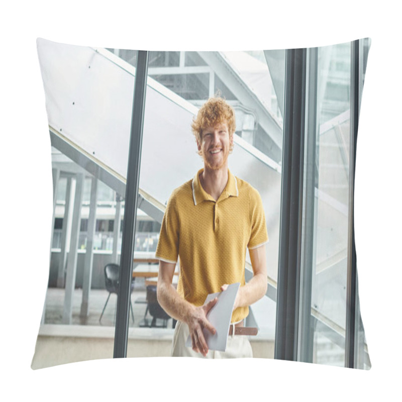 Personality  Young Red Haired Man In Smart Casual Attire With Documents Smiling Looking At Camera, Coworking Pillow Covers