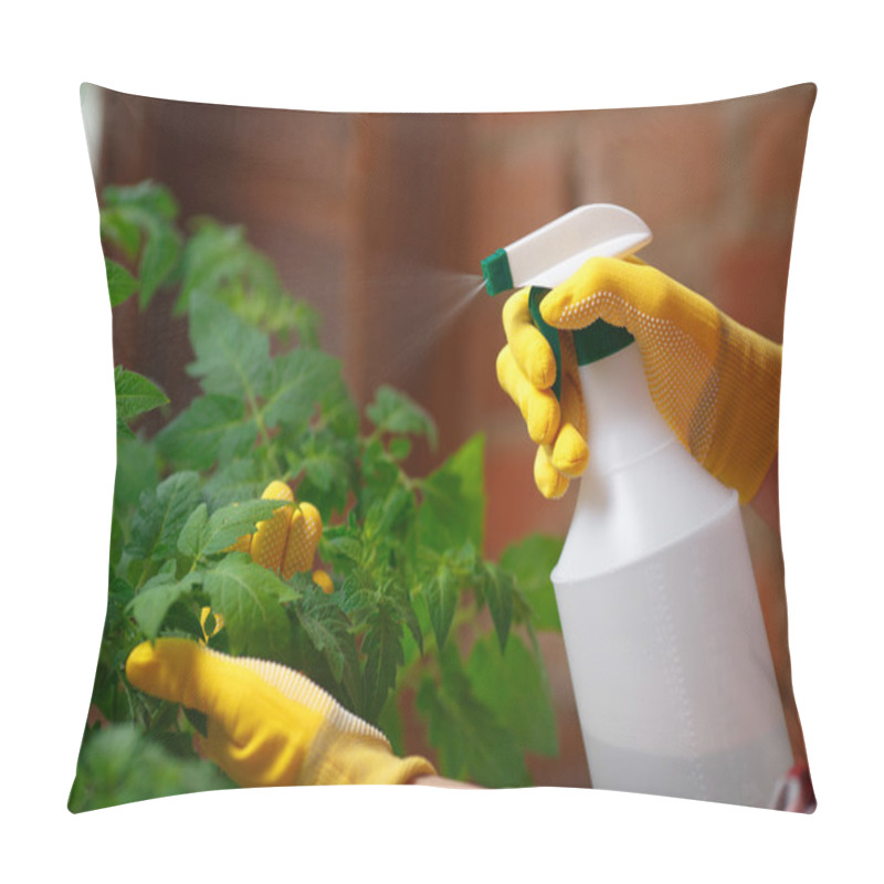 Personality  Close Up Shot Of A Gardener Spraying Water Pillow Covers