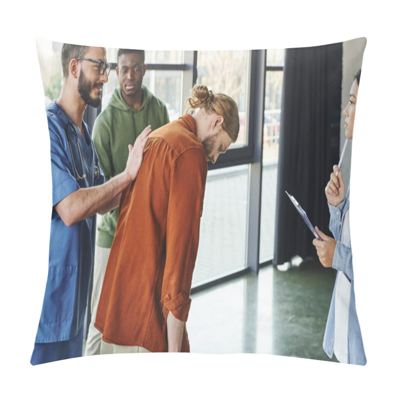 Personality  First Aid Seminar, Positive Medical Instructor In Eyeglasses And Uniform Pushing Back Of Man While Showing Life-saving Techniques In Case Of Choking, Emergency Situations Preparedness Concept Pillow Covers