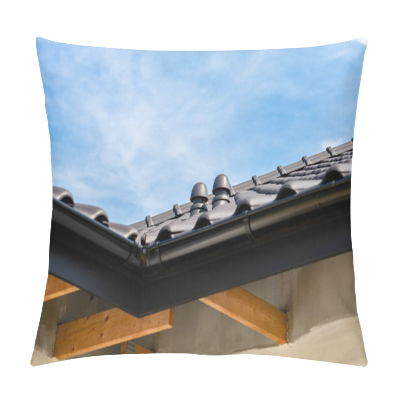 Personality  The Roof Of A Single-family House Covered With A New Ceramic Tile In Anthracite Against The Blue Sky, Visible Ceramic Ventilation Fireplace On The Roof. Pillow Covers