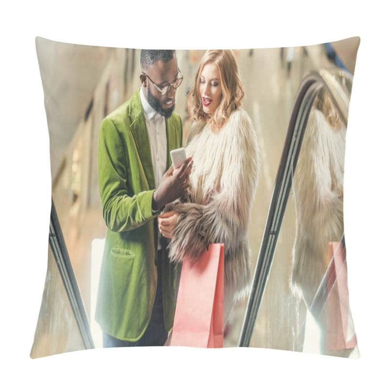 Personality  Young Couple Riding Escalator And Using Smartphone Together At Shopping Mall Pillow Covers