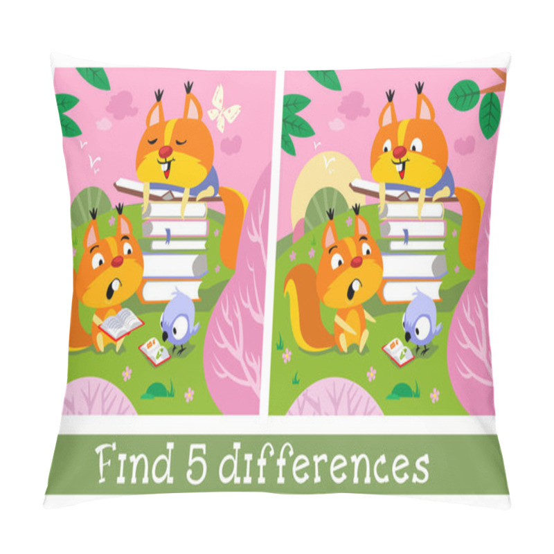 Personality  Cute Squirrels Are Reading In Spring Meadow. Find 5 Differences. Game For Children. Hand Drawn Full Color Children Illustration. Vector Flat Cartoon Picture. Pillow Covers