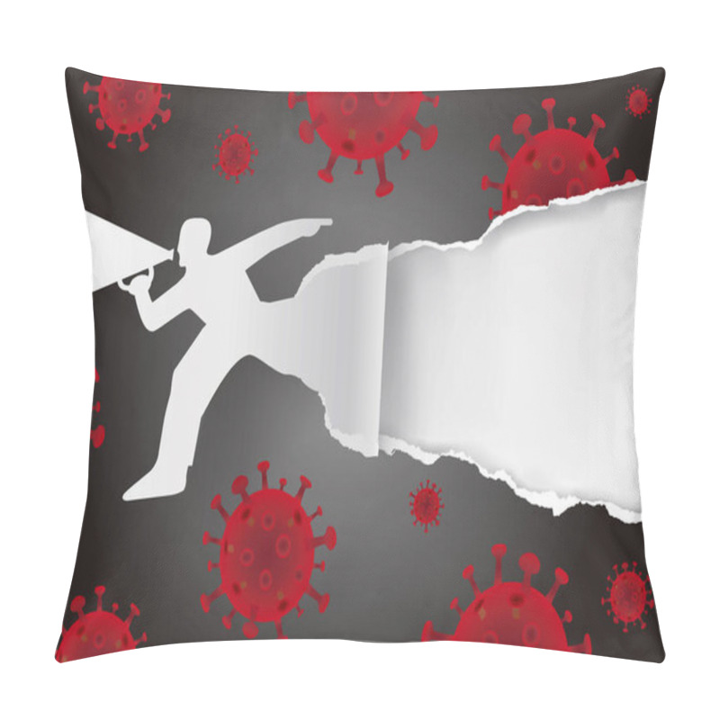 Personality  Running Man With Megaphone Ripped Paper With Coronavirus Symbols.Expressive Template For Announcement, Poster For Coronavirus Pandemic Theme. Place For Your Text Or Image. Vector Available. Pillow Covers