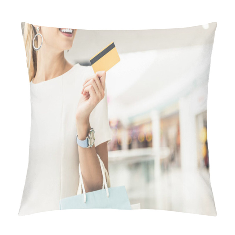 Personality  Cropped Shot Of Smiling Young Woman Holding Credit Card In Shopping Mall Pillow Covers