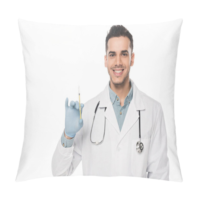 Personality  Handsome Doctor Holding Syringe With Vaccine And Smiling At Camera Isolated On White Pillow Covers