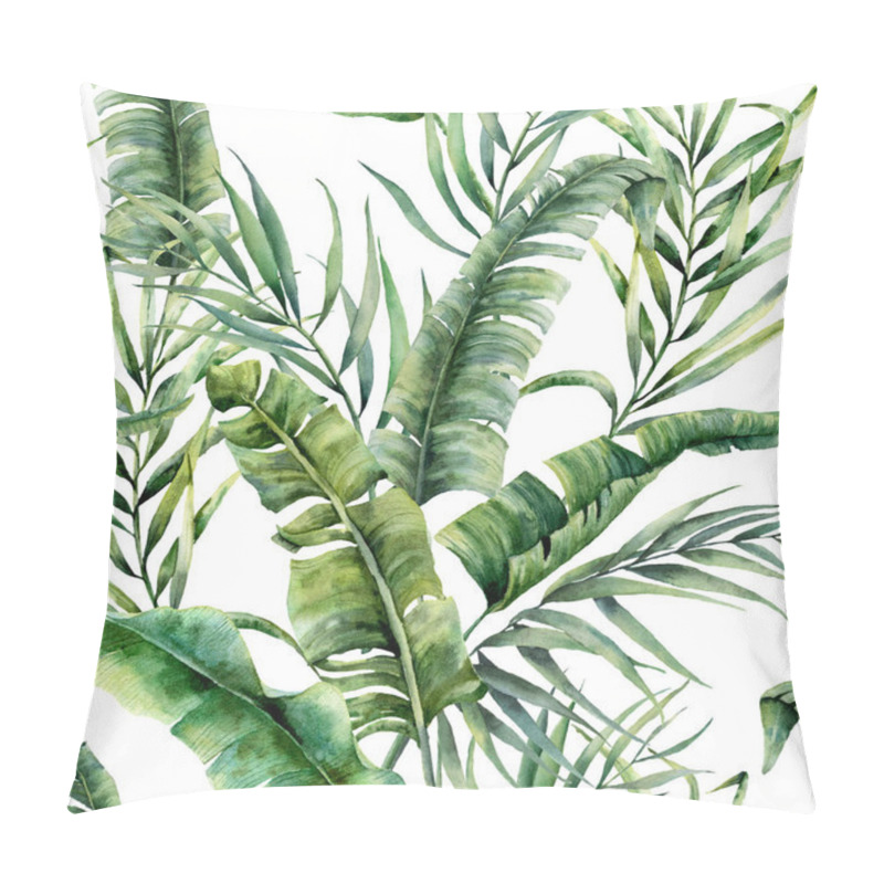 Personality  Watercolor Tropical Seamless Pattern With Coconut And Banana Palm Leaves. Hand Painted Greenery Exotic Branch On White Background. Botanical Illustration For Design, Print, Fabric Or Background. Pillow Covers