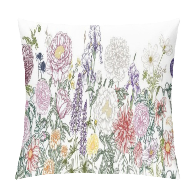 Personality   Seamless Horizontal Pattern Garden Autumn And Summer Flowers.  Rose, Lily, Lupine, Tulip, Peony, Irises, Dahlia, Cosmos, Zinnia, Marigold, Calendula, Rudbeckia, Gladiolus, Datura, Eryngium, Allium Pillow Covers