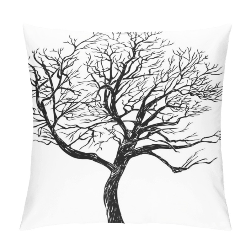 Personality  Freehand Drawing Of Silhouette Single Deciduous Bare Tree In Winter Season Pillow Covers