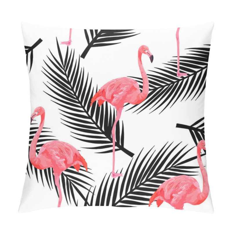 Personality  Tropical Modern Seamless Pattern With Pink Flamingos And Palm Leaves On White Background. Exotic Hawaii Art Background. Design For Web Page Backgrounds, Fabric, Wallpaper, Textile And Decor. Pillow Covers