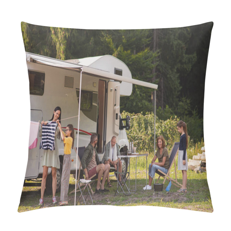 Personality  Mother With Daughter Hanging Clothes By Car Outdoors In Campsite, Caravan Family Holiday Trip. Pillow Covers