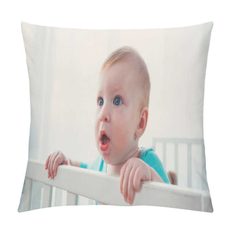 Personality  Surprised Infant Boy Standing In Baby Crib And Looking Away Pillow Covers