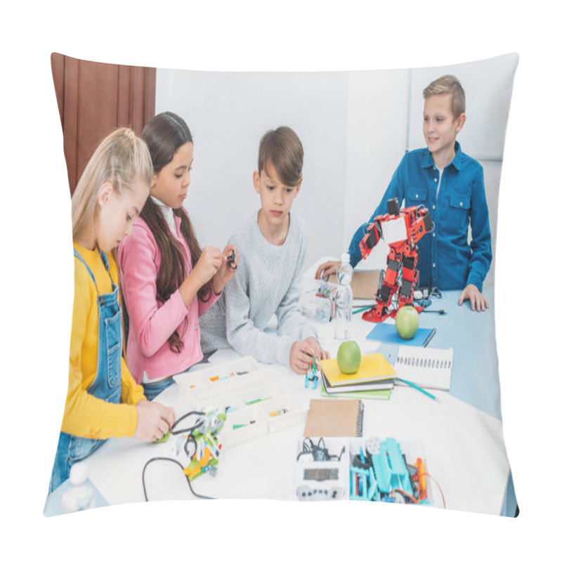 Personality  Focused Children Working Together On STEM Project In Classrom Pillow Covers