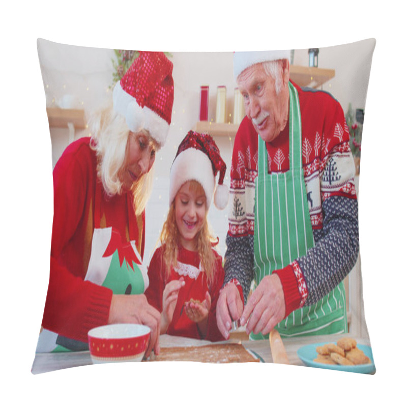 Personality  Senior Family Grandmother, Grandfather, Granddaughter Preparing, Cooking Homemade Christmas Cookie Pillow Covers