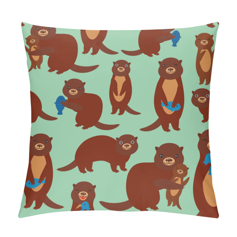 Personality  Seamless Pattern Funny Brown Otters With Fish On Green Background. Kawaii Animals. Vector Illustration Pillow Covers