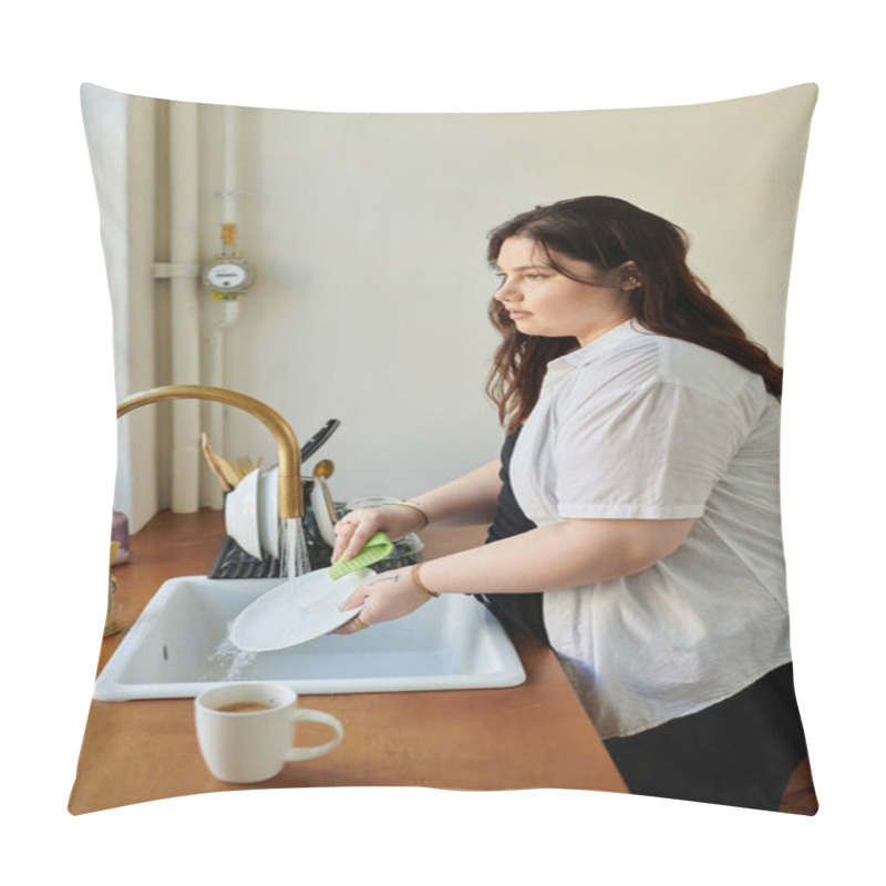 Personality  A Confident Woman Washes Dishes, Savoring A Peaceful Moment In Her Cozy Kitchen. Pillow Covers