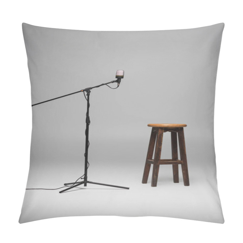 Personality  Brown Wooden Chair Standing Near Black Microphone On Metal Stand On Grey Background With Copy Space, High Stool In Studio  Pillow Covers