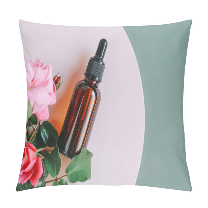 Personality  Rose Water.Rose Oil In A Glass Bottle On A Gray Background. View From Above .Aromatherapy And Cosmetics.Organic Natural Rose Oil.Organic Bio Cosmetics Pillow Covers