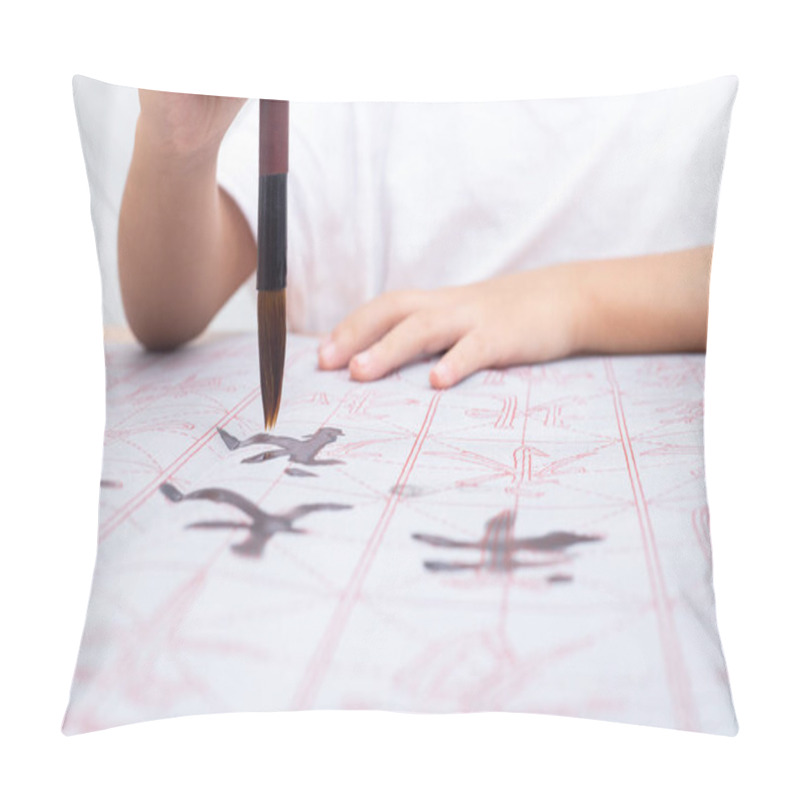 Personality  Close Up Of Children Hands Holding Brush To Practice Chinese Calligraphy At Home Pillow Covers