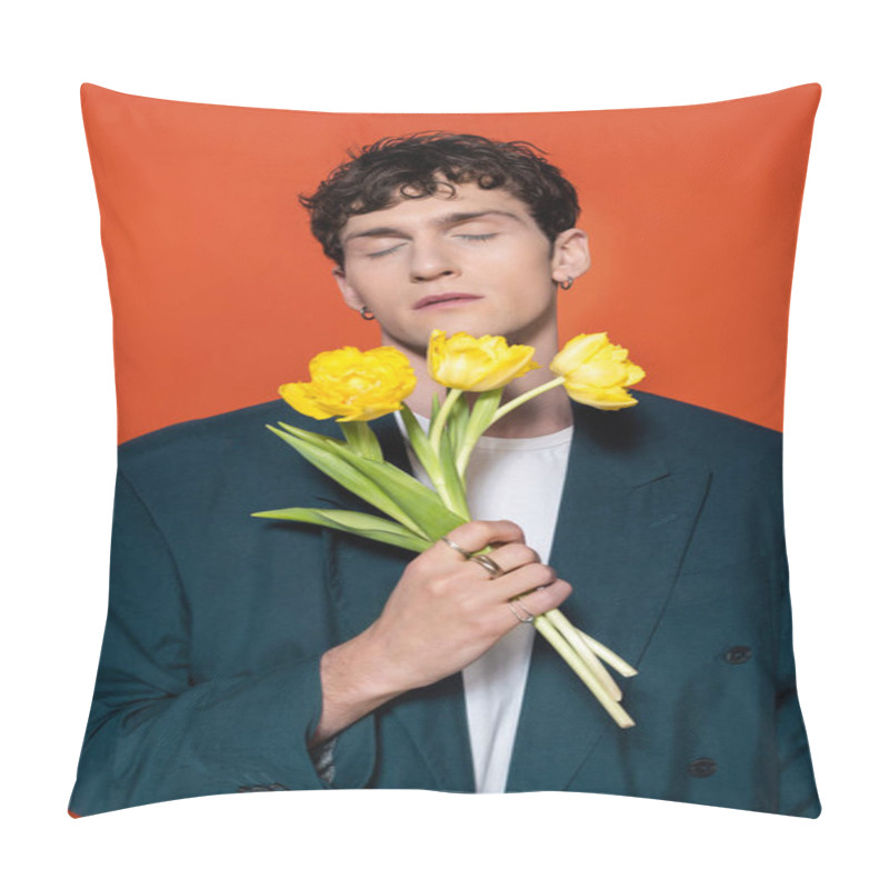 Personality  Brunette Man In Jacket Closing Eyes And Holding Yellow Tulips Isolated On Red  Pillow Covers