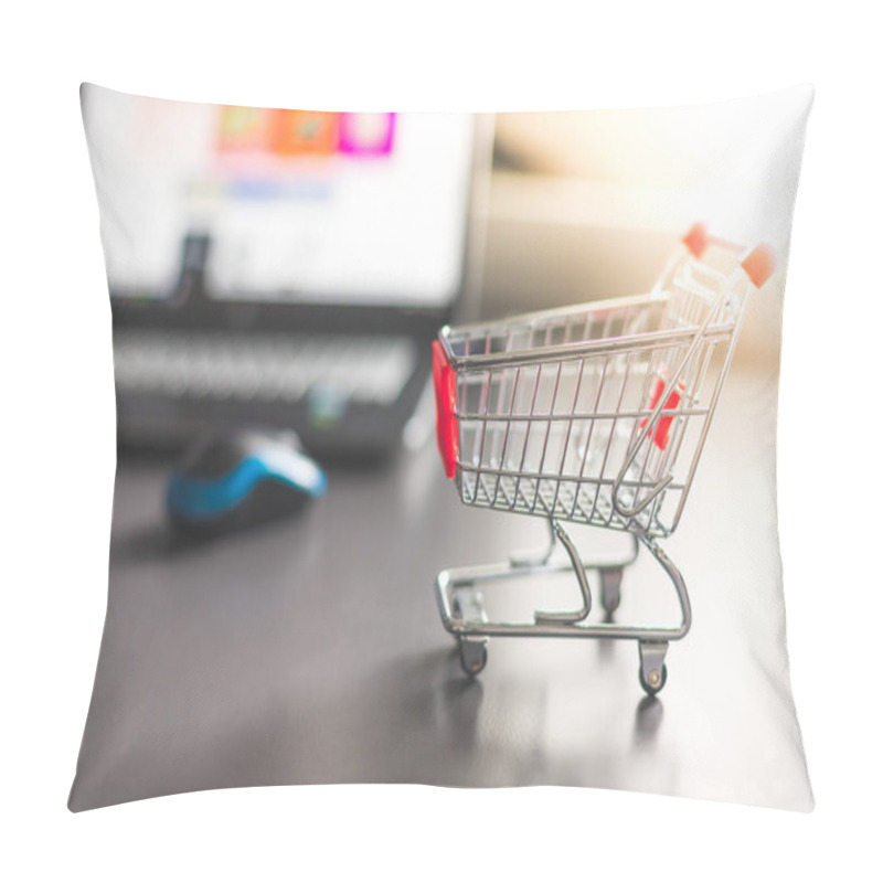 Personality  Online-Shopping Concept: Miniature Shopping Cart, Laptop And Mouse In The Blurry Background Pillow Covers