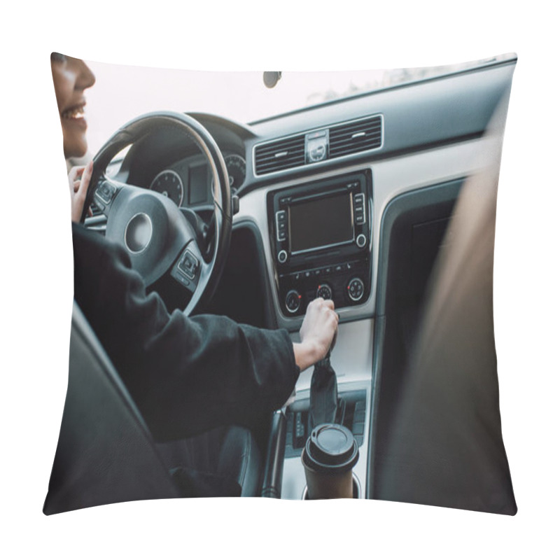 Personality  Cropped View Of Cheerful Woman Holding Gear Shift Handle While Sitting In Car  Pillow Covers