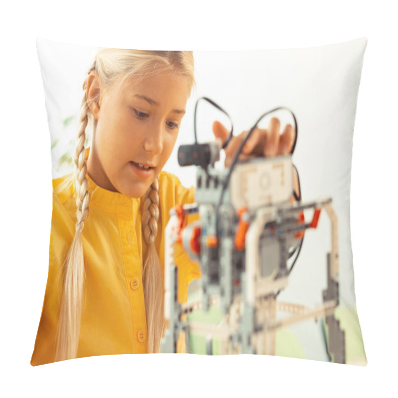 Personality  Focused Schoolgirl Playing With Robot She Made. Pillow Covers