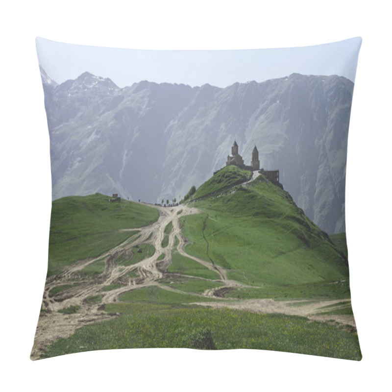 Personality  Gergeti Trinity Church Of The Holy Trinity On The Mountain In Georgia In Summer On A Mountain Background On A Green Grass With Picturesque Mountain Roads. Pillow Covers