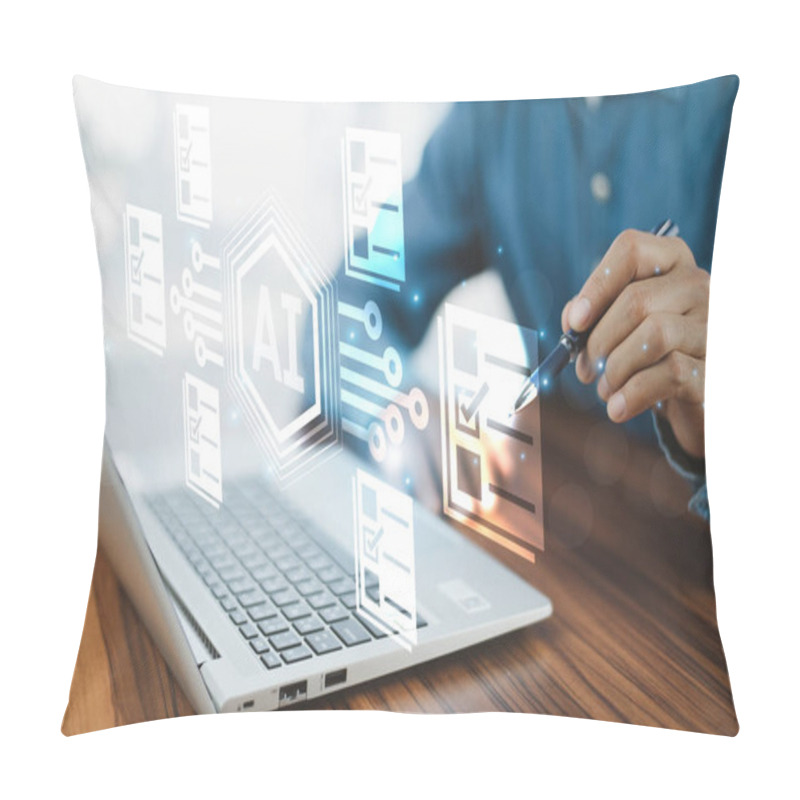 Personality  A Businessman Uses An AI Assistant For Document Management, Streamlining Processes, Increasing Productivity, And Ensuring Accurate Organization And Retrieval Of Important Files. Pillow Covers