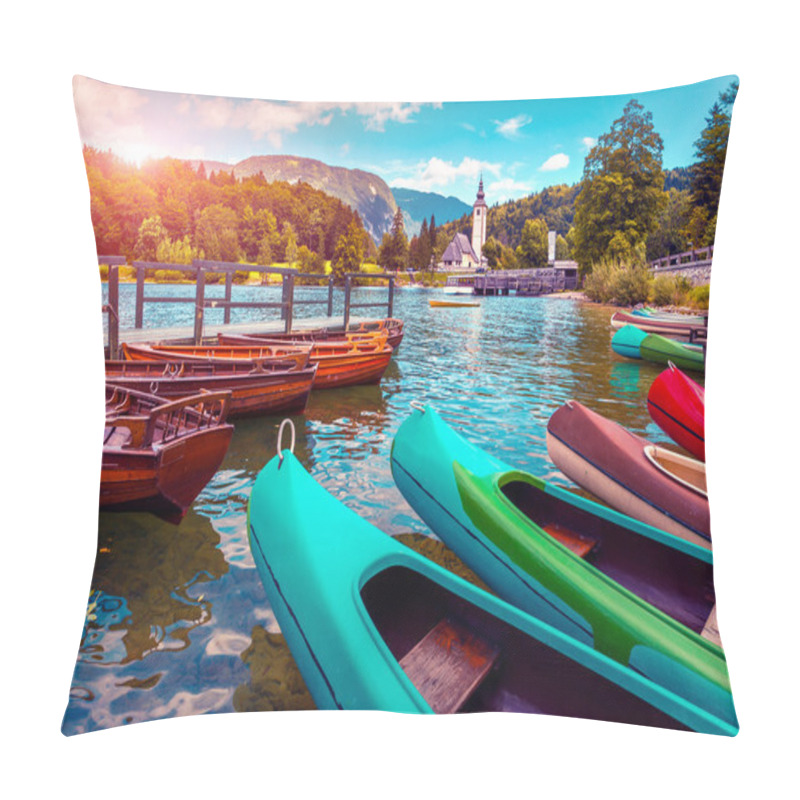 Personality  Bohinj Lake With Boats And Church Pillow Covers