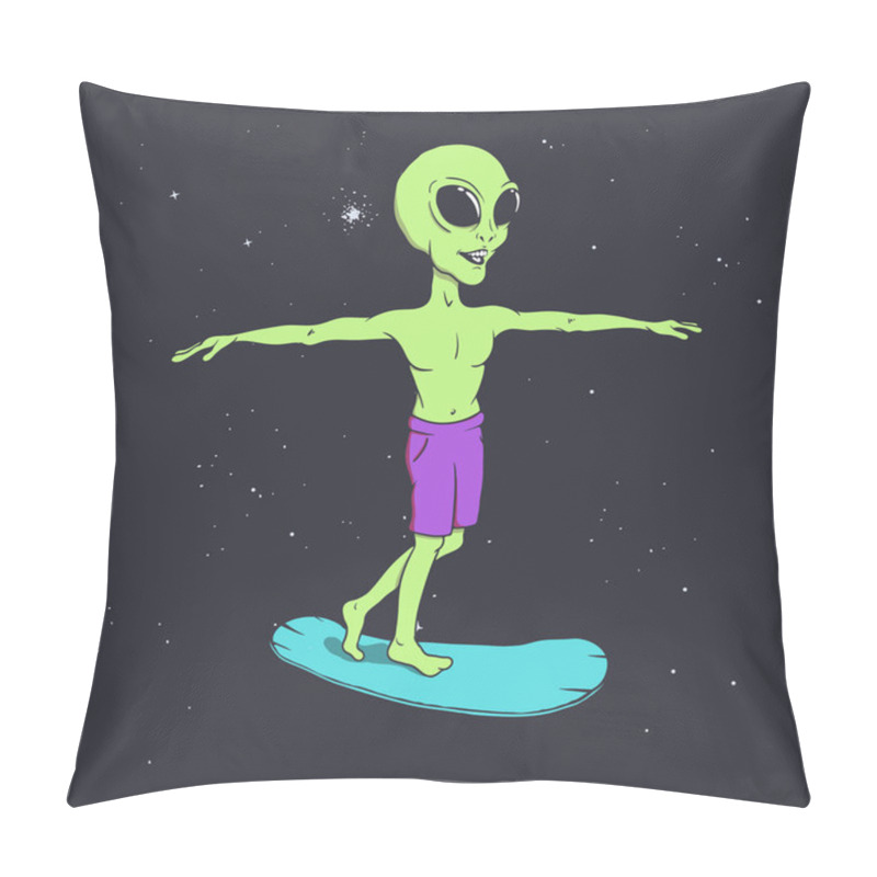 Personality  Happy Alien Rides On Surfboard In Space Pillow Covers