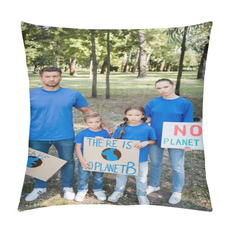 Personality  Family Of Volunteers Holding Placards With Globe And No Planet B Inscription, Ecology Concept Pillow Covers