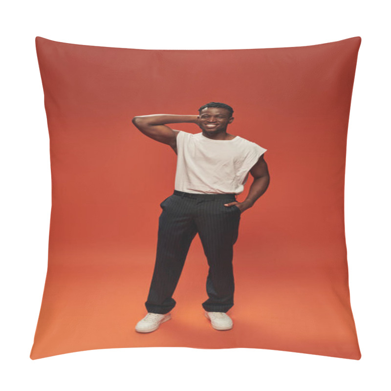 Personality  Joyful African American Man In White Tank Top With Hand In Pocket Of Black Pants On Red, Full Length Pillow Covers