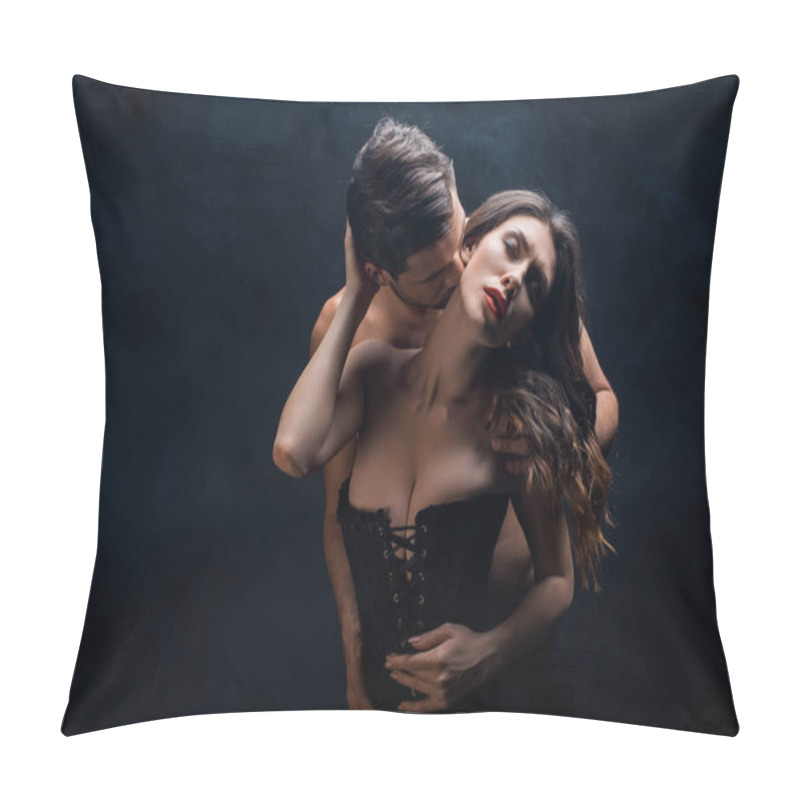 Personality  Shirtless Man Kissing In Neck Sexy Woman In Corset On Black Background With Smoke Pillow Covers