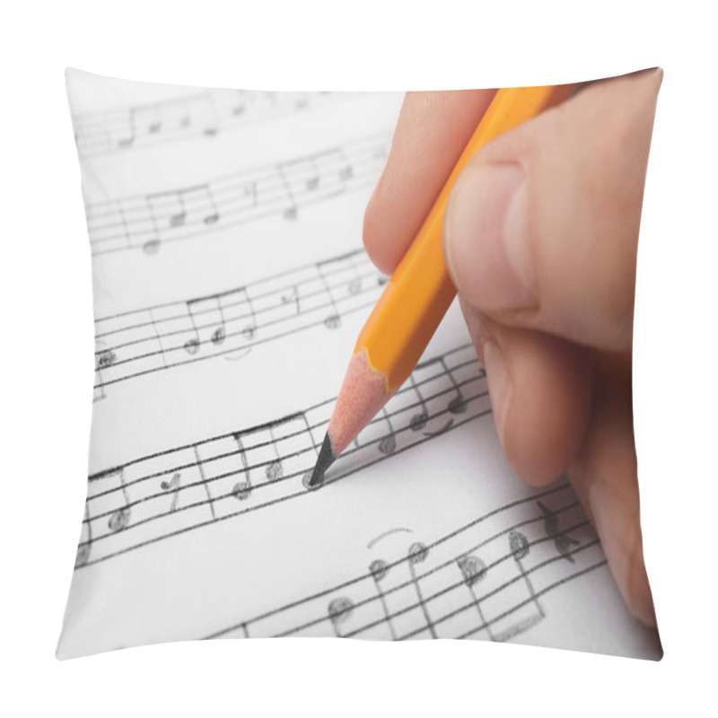 Personality  Woman Writing Music Notes On Sheet With Pencil, Closeup Pillow Covers