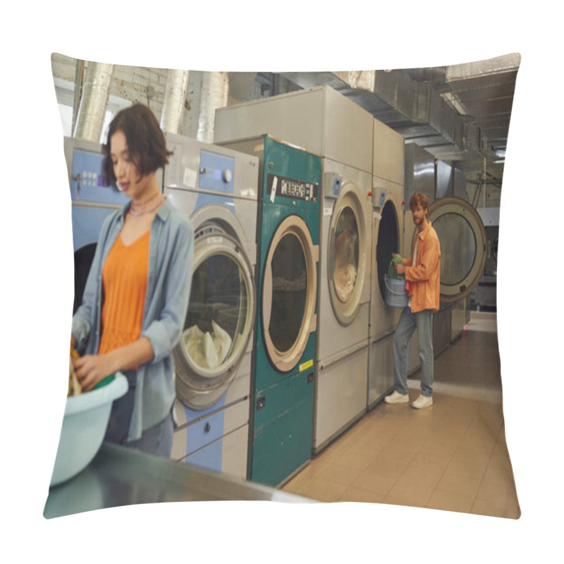 Personality  Young Man Standing Near Washing Machine And Blurred Girlfriend With Clothes In Coin Laundry Pillow Covers