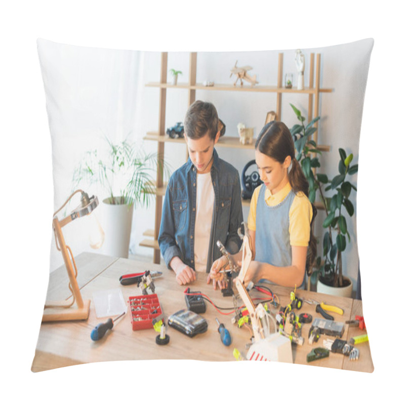 Personality  Preteen Kids Making Robotic Model Near Lamp At Home  Pillow Covers