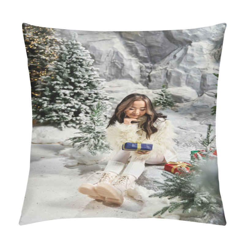 Personality  A Woman In Winter Clothes Happily Looks At A Wrapped Gift In A Snowy Holiday Scene. Pillow Covers