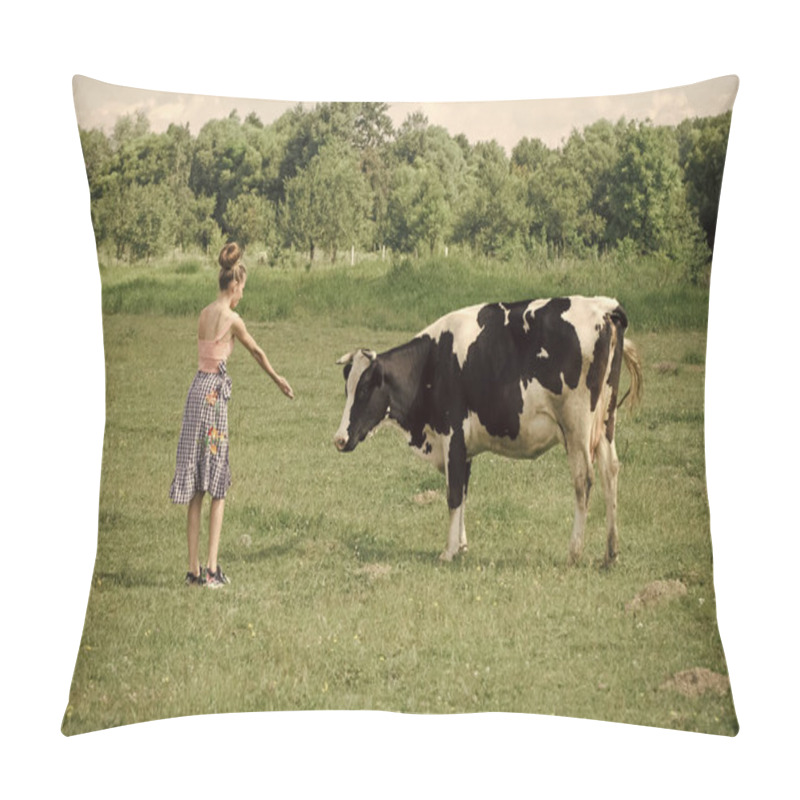 Personality  Veterinarian On Farm Feeding Cow. Pillow Covers