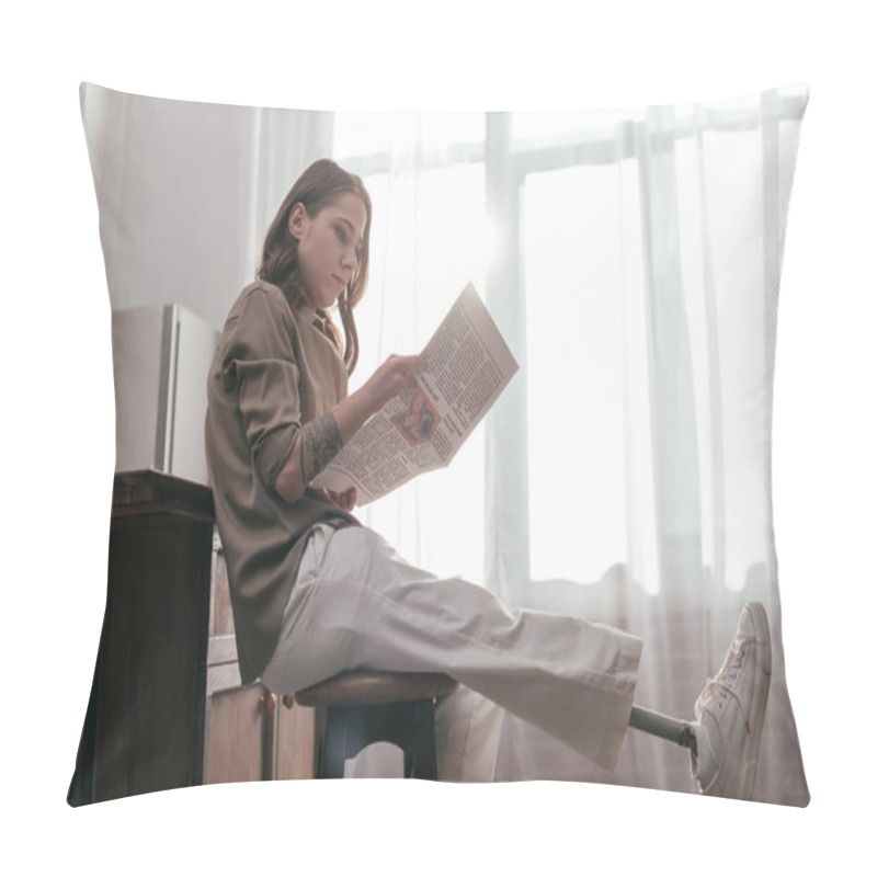 Personality  Side View Of Woman With Prosthetic Leg Reading Newspaper By Kitchen Table Pillow Covers