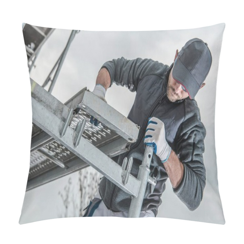 Personality  Caucasian Construction Worker Installing Scaffolding Elements.  Pillow Covers