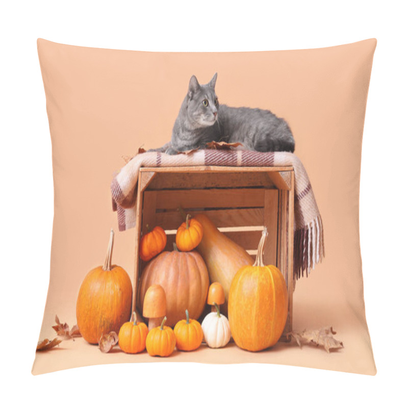 Personality  Cute Cat On Wooden Box With Pumpkins, Mushrooms And Leaves Against Beige Background. Thanksgiving Day Celebration Pillow Covers