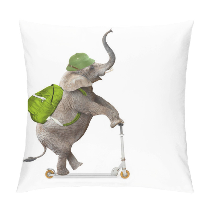 Personality  Happy Elephant As A Adventurer On Push Scooter. Pillow Covers