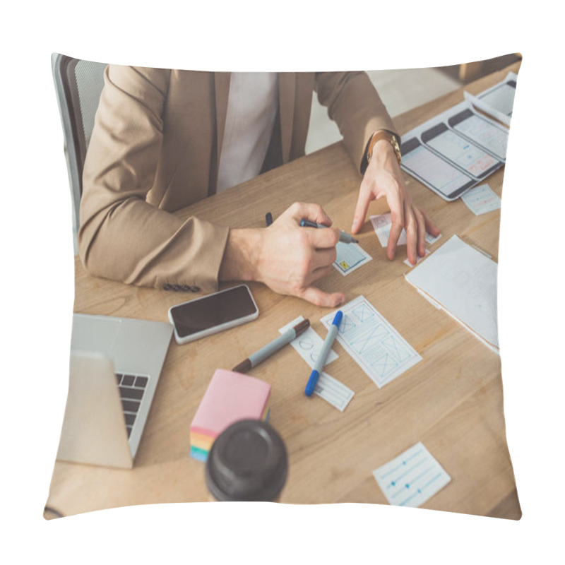 Personality  Cropped View Of Designer Developing Website Sketches By Smartphone And Laptop On Table Pillow Covers