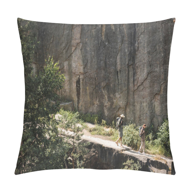 Personality  Side View Of Multiethnic Family With Backpacks Walking Near Cliff And Forest  Pillow Covers