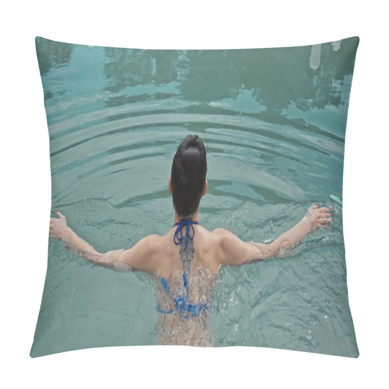 Personality  Back View Of Tattooed Woman Swimming In Pool Pillow Covers