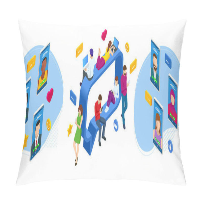 Personality  Isometric Social Network Concept. Chatting Mobile Application. Management, Consulting And Marketing. Pillow Covers