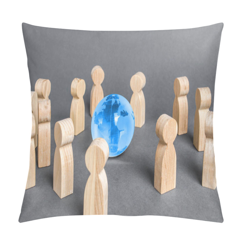 Personality  People Surrounded A Globe World Planet Earth. Cooperation And Collaboration Of People Around The World. Outsourcing And Joint Work On Projects. Diplomacy. Crowdfunding. Preserving Environment Pillow Covers