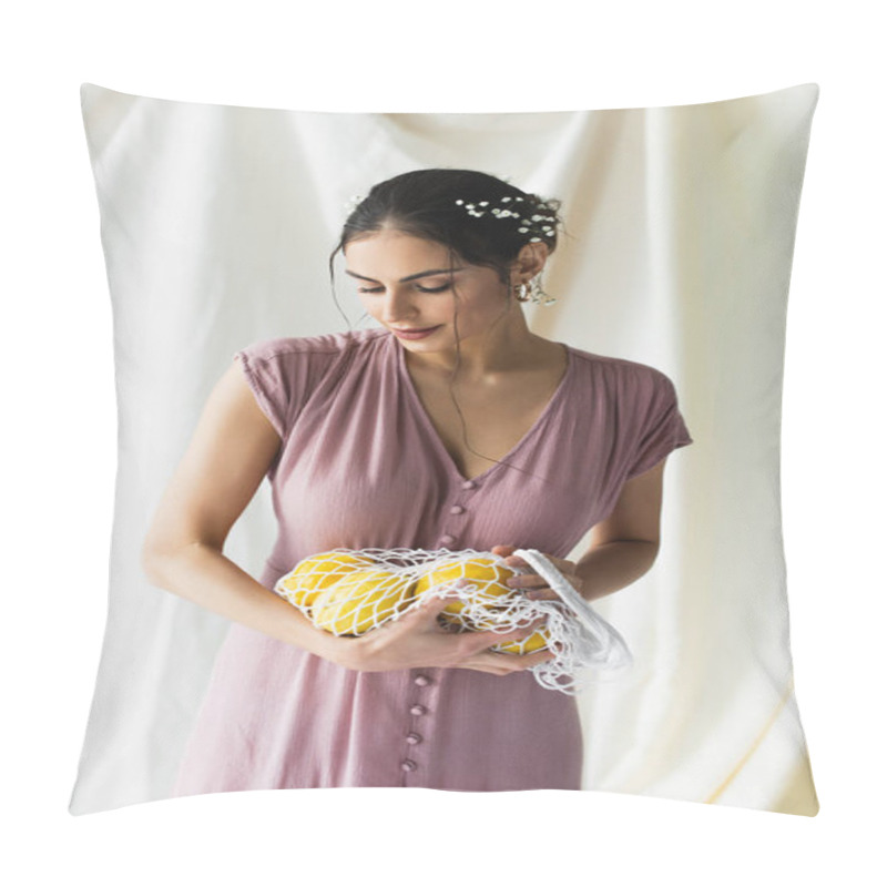 Personality  Brunette Woman With Flowers In Hair Holding Reusable String Bag With Lemons On White Pillow Covers