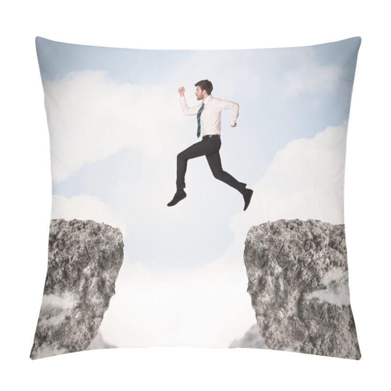 Personality  Funny Business Man Jumping Over Rocks With Gap Pillow Covers